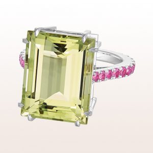 Ring with green beryl 12,93ct and pink sapphire 1,45ct in 18kt white gold