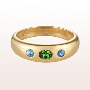 Alliance ring with green turmaline 0,21ct and sapphire 0,15ct in 18kt yellow gold