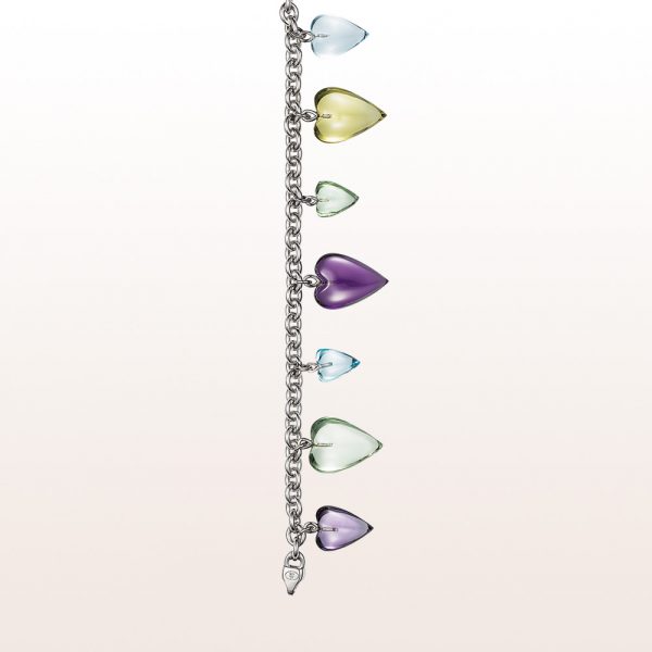 Bracelet with heart out of lemon citrine, amethyst, prasiolite and topaz in 18kt white gold