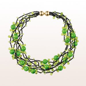 Necklace with black spinel, green turquoise, peridot and an 18kt yellow gold clasp