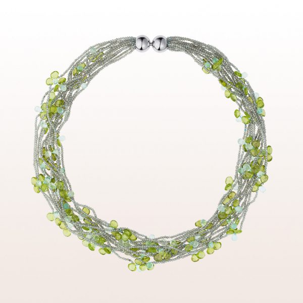 Necklace with labradorite, peridot, aquamarine and an 18kt white gold clasp