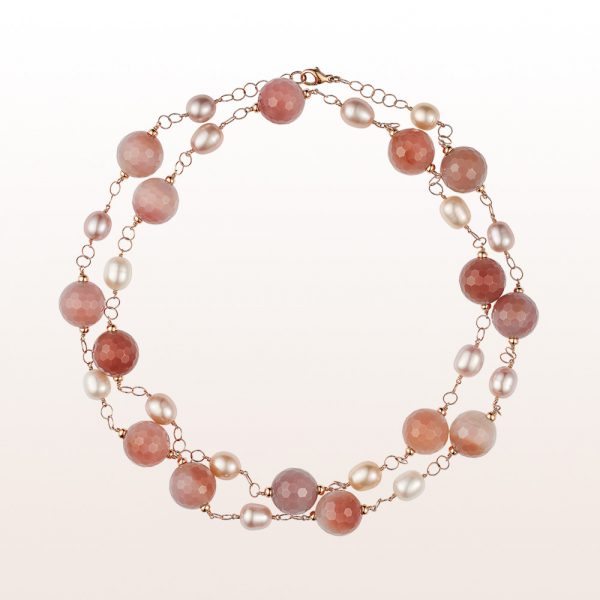Necklace with brown agate and freshwater pearls in 18kt rose gold