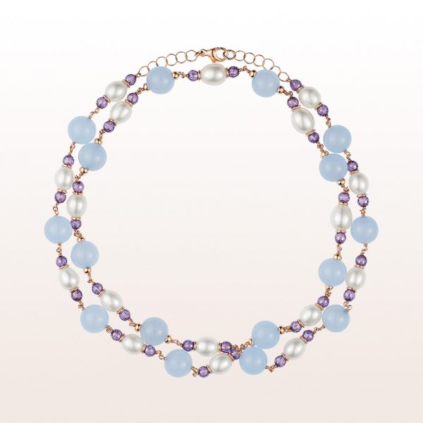 Necklace with chalcedony, amethyst and pearls in 18kt rose gold