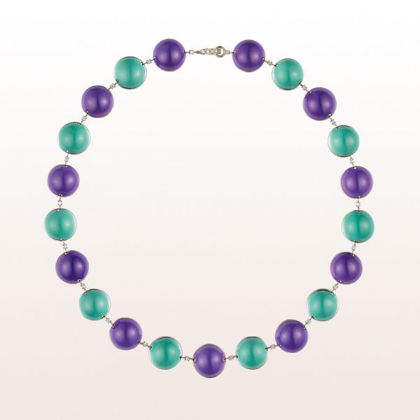 Necklace with amethyst and prasiolith cabochons and brilliant cut diamonds 0,54ct in 18kt yellow gold