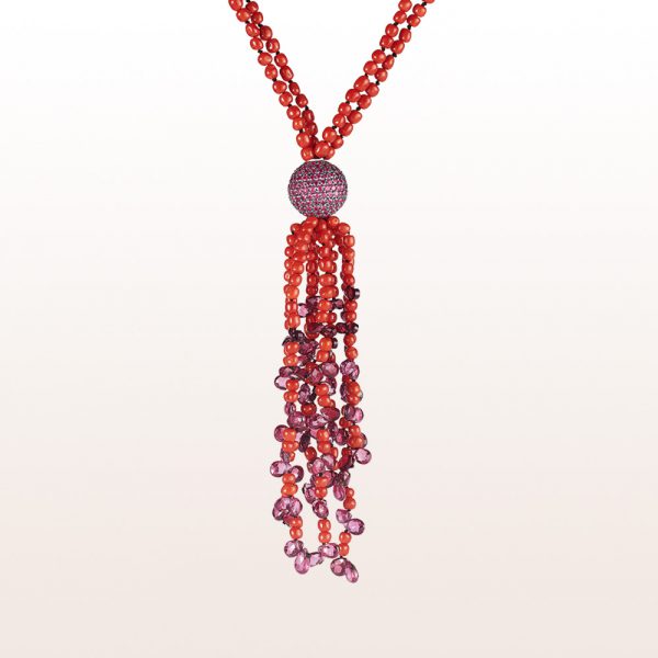 Necklace with coral, amethyst and ruby in 18kt white gold