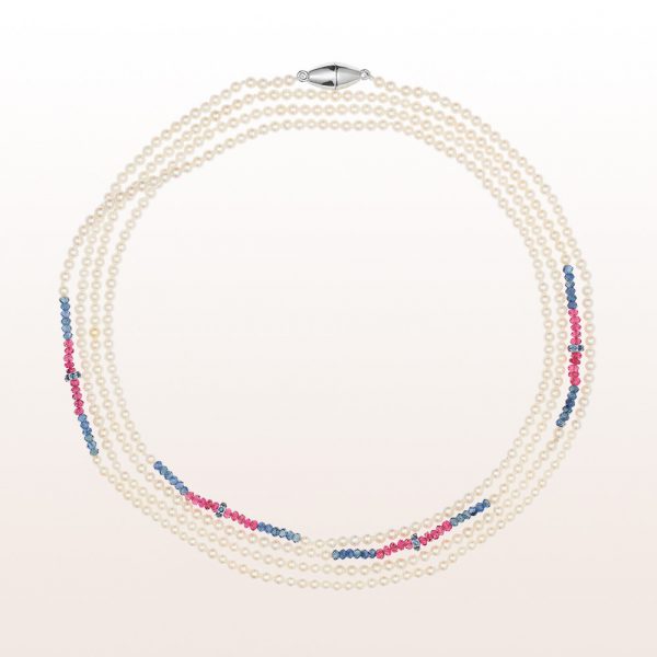 Necklace with akoya-pearls, red spinel, blue zircon, sapphire and an 18kt white gold clasp