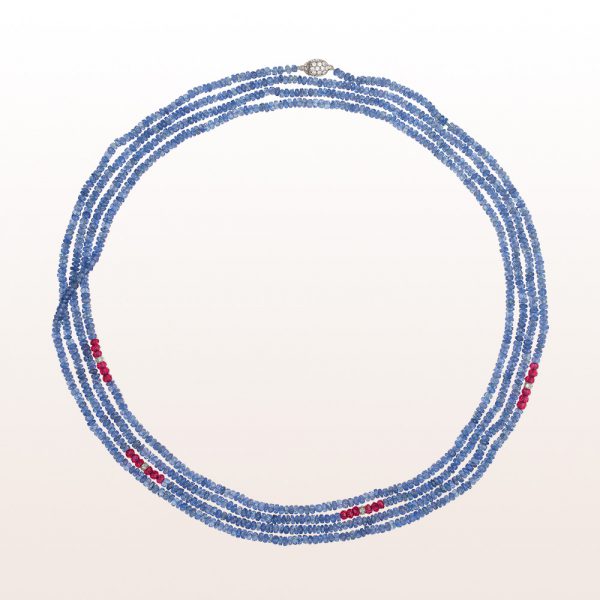 Necklace with sapphire, red spinel, brilliant cut diamonds and an 18kt white gold clasp