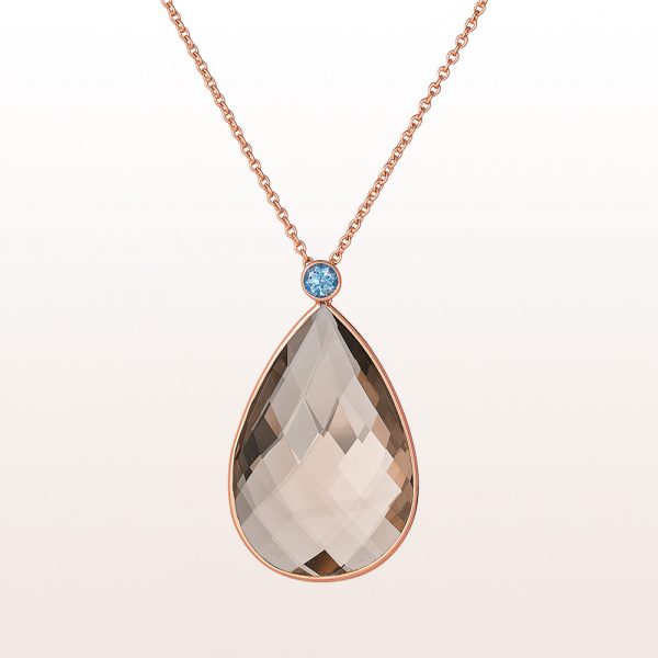 Necklace with smoky quartz-drops 24,45ct and aquamarine 0,22ct in 18kt rose gold