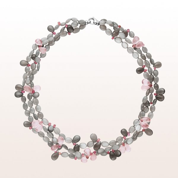 Necklace with grey moonstone, rose quartz, rubellite and an 18kt white gold carabiner