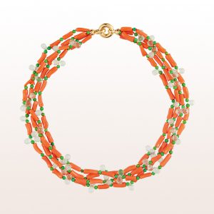 Necklace with orange coral, turquoise, prehnite and an 18kt yellow gold clasp