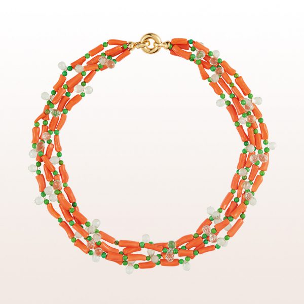 Necklace with orange coral, turquoise, prehnite and an 18kt yellow gold clasp