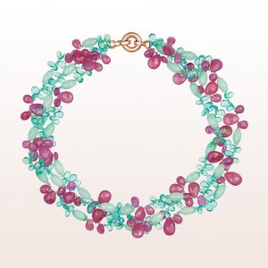 Necklace with apatite, jade, ruby, pink sapphire and an 18kt rose gold clasp