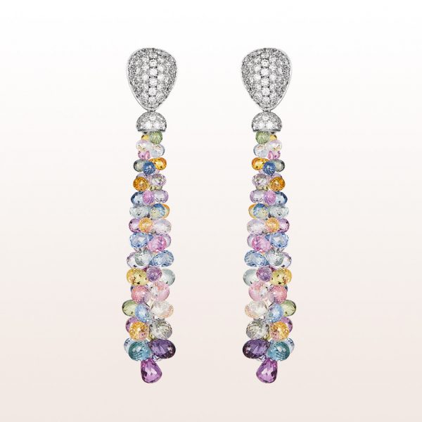 Earrings with brilliants and multi coloured sapphire 61,47ct in 18kt white gold