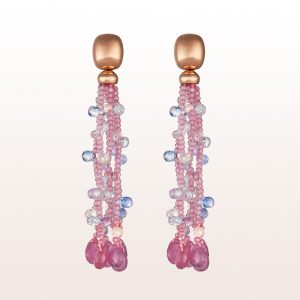 Ohrgehänge mit rosa und blauen Saphiren und Rubintropfen in 18kt Roségold