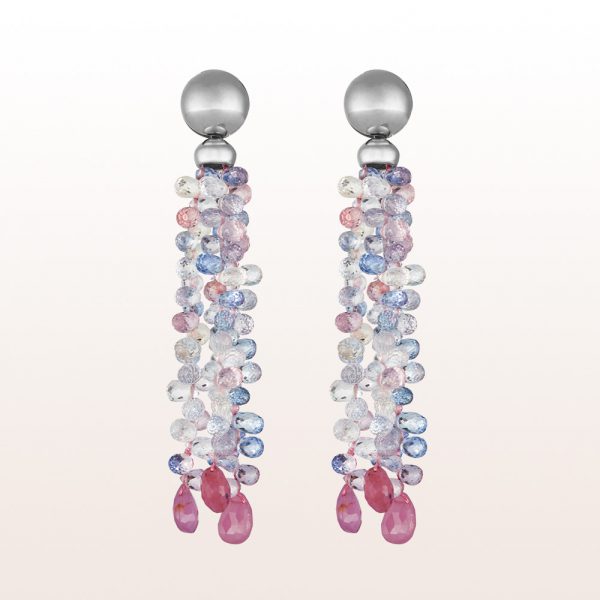 Earrings with multi-coloured sapphire and ruby drops in 18kt white gold