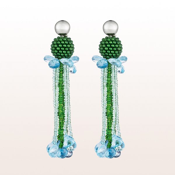 Earrings with coccinella jade balls, topaz, diopside and aquamarine in 18kt white gold
