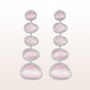 Earrings with rose quartz and brilliants 2,46ct in 18kt white gold