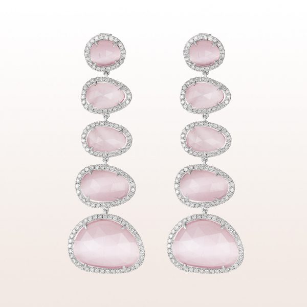 Earrings with rose quartz and brilliants 2,46ct in 18kt white gold
