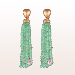 Ohrgehänge mit Smaragd und rosa Saphir in 18kt Roségold