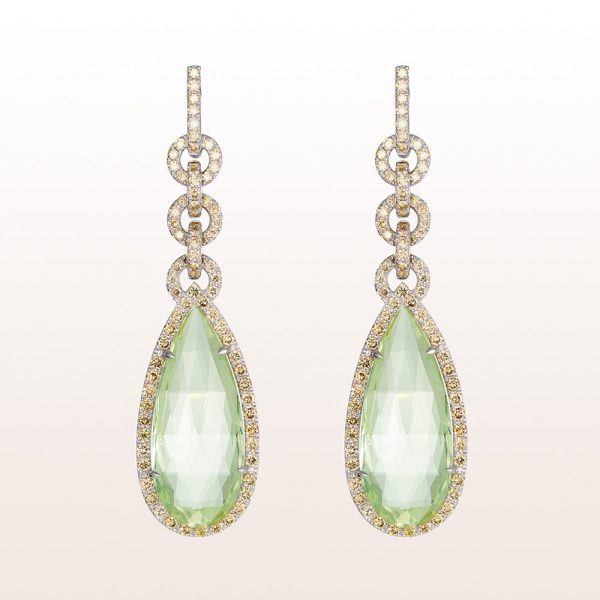 Earrings with green beryl drops 39,02cr and brown brilliants 3,99ct in 18kt white gold