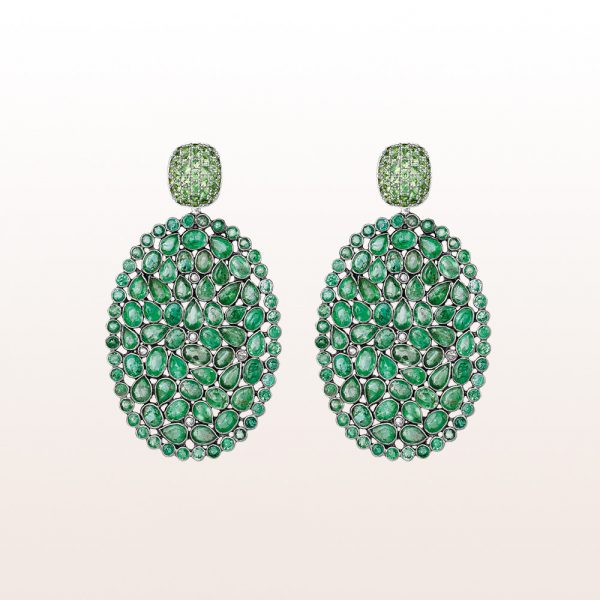 Earrings with tsavorite and emerald slices in 18kt white gold