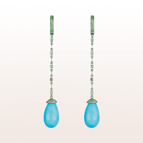 Earrings wirh tsavorite 1,18ct and turquoise in 18kt white gold