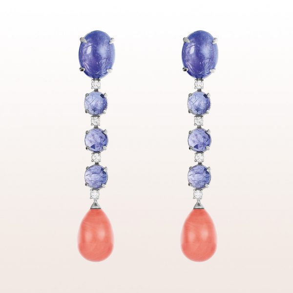 Earrings with tansanites 33,45ct, coral and brilliants 0,56ct in 18kt white gold