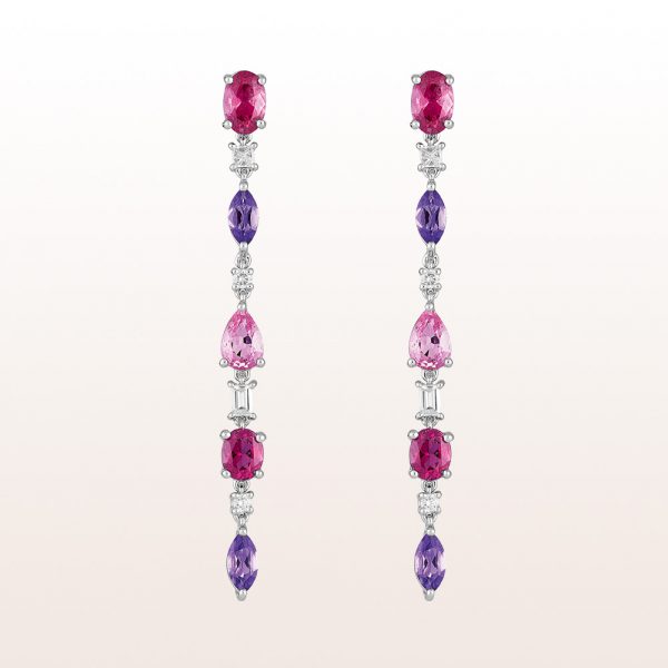 Earrings with rubellite 1,67ct, pink sapphire 1,05ct, amethyst 0,67ct and diamonds 0,32ct in 18kt white gold