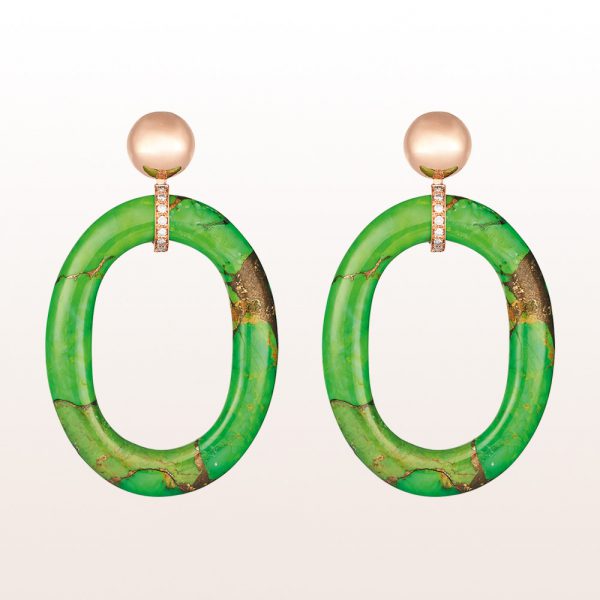 Earrings with brown brilliants 0,17ct and green turquoise in 18kt rose gold