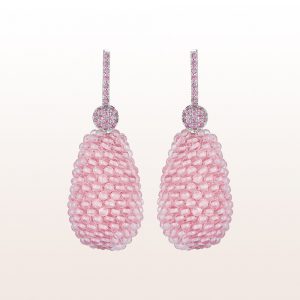 Earrings with pink sapphire 0,59ct and rose quartz in 18kt white gold