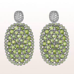 Earrings with brilliants 1,19ct and peridot slices in 18kt white gold