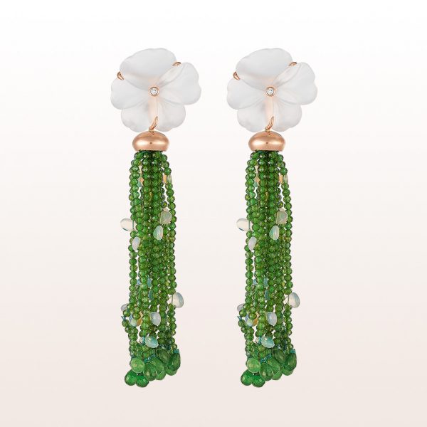 Earrings with rock crystal blossoms, diopside, tsavorite, opal and brilliants 0,05ct in 18kt rose gold