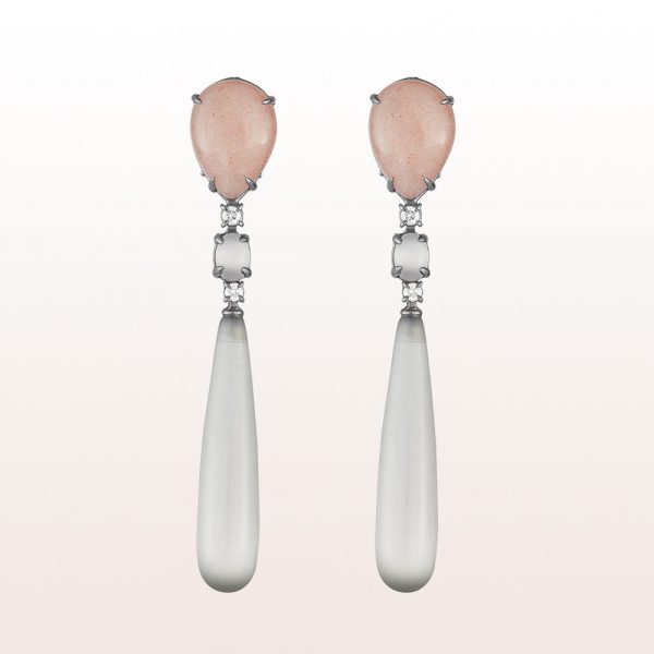 Earrings with orange moon stone, grey quartzes and brilliants 0,32 in 18kt white gold