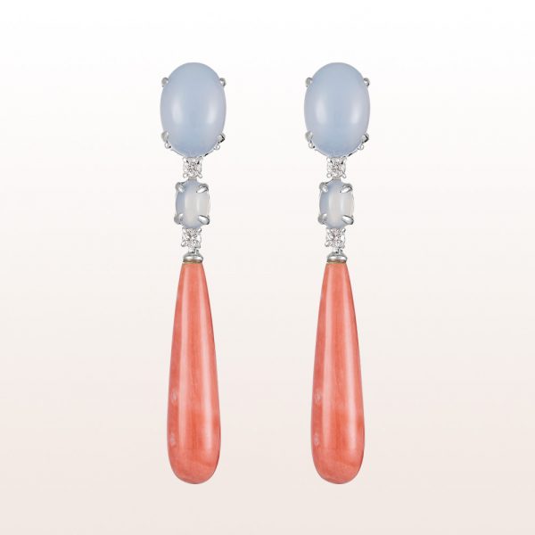 Earrings with chalcedony, coral and brilliants 0,28ct in 18kt white gold
