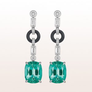 Earrings with green tourmaline 10,12ct, onyx and diamonds 0,91ct in 18kt white gold