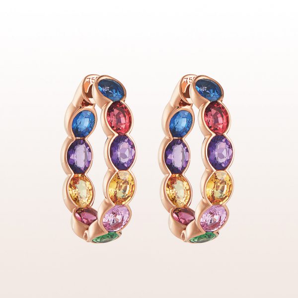 Hoop earrings sapphire 1,62ct, rubellite 1,50ct, amethyst 1,02ct, yellow sapphire 1,56ct, pink sapphire 0,83ct and tsavorite 0,62ct in 18kt rose gold