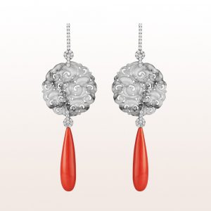 Ear studs with grey jade, coral and brilliant cut diamonds 1,32ct in 18kt white gold