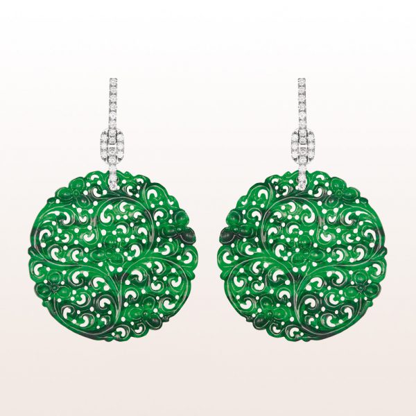 Earrings with green jade and brilliants 0,73ct in 18kt white gold