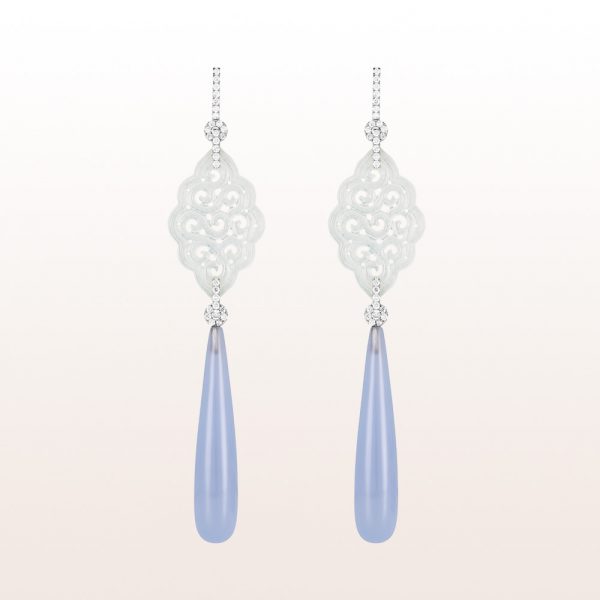 Earrings with white jade, blue chalcedonies and brilliants 1,04ct in 18kt white gold