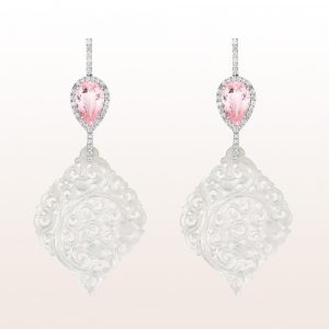 Earrings with white jade, morganite drops 8,72ct and diamonds 1,07ct in 18kt white gold