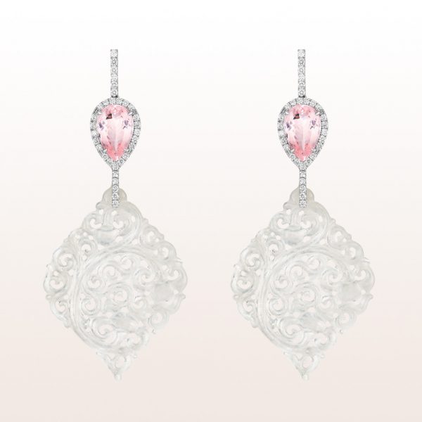 Earrings with white jade, morganite drops 8,72ct and diamonds 1,07ct in 18kt white gold