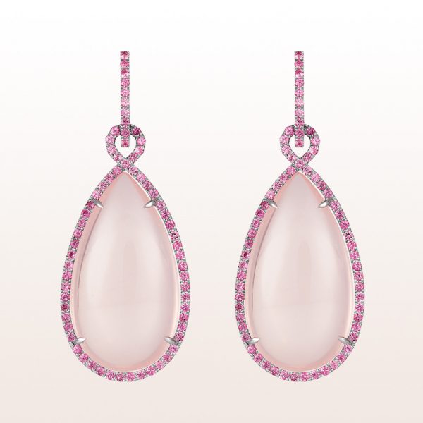 Earrings with rose quartz 56,06ct and pink sapphire 2,70ct in 18kt white gold