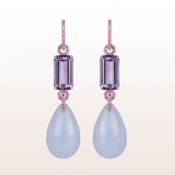 Ear studs with amethysts 13,44ct, chalcedony drops 55,40ct and pink sapphire 1,07ct in 18kt white gold