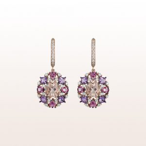 Earrings with morganite 3,41ct, amethyst 0,84ct, pink turmaline 1,06ct and brilliants 0,68ct in 18kt rose gold
