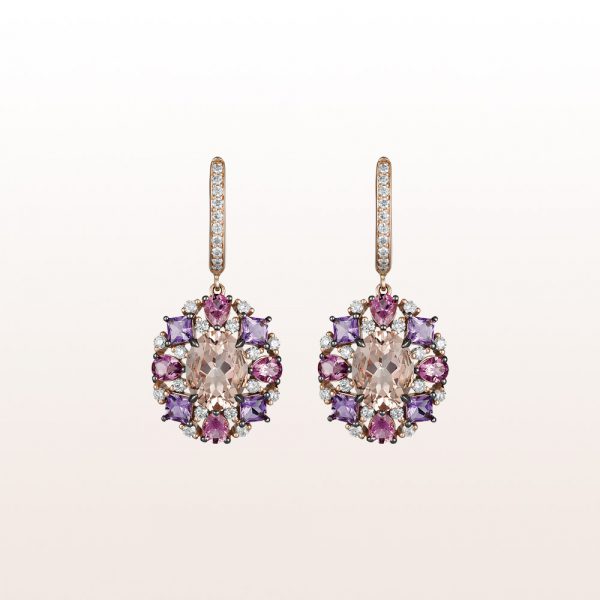 Earrings with morganite 3,41ct, amethyst 0,84ct, pink turmaline 1,06ct and brilliants 0,68ct in 18kt rose gold