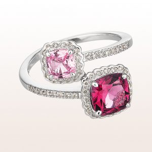 Ring with rhodolite, pink sapphire and brilliant cut diamonds 0,21ct in 18kt white gold