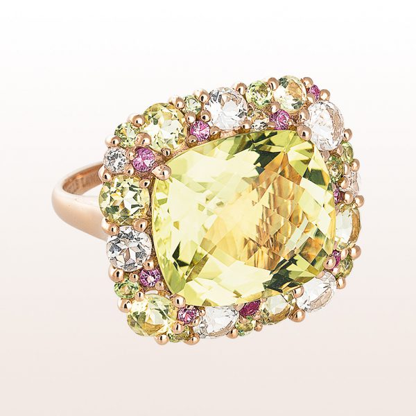 Ring with lemon quartz, peridot and pink sapphire in 18kt rose gold