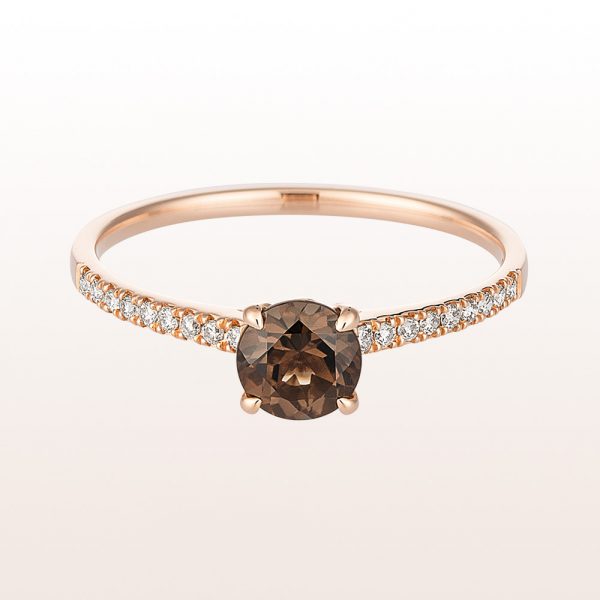 Ring with smoky quartz 0,47ct and brilliant cut diamonds 0,11ct in 18kt rose gold