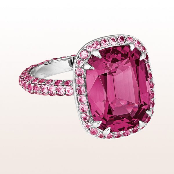 Ring rhodolite 8,15ct and pink sapphire 2,02ct in 18kt white gold