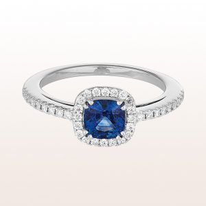Ring with sapphire 1,03ct and brilliant cut diamonds 0,25ct in 18kt white gold